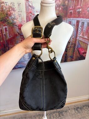 Coach Black Signature Crossbody Shoulder Bag with Brass Hardware